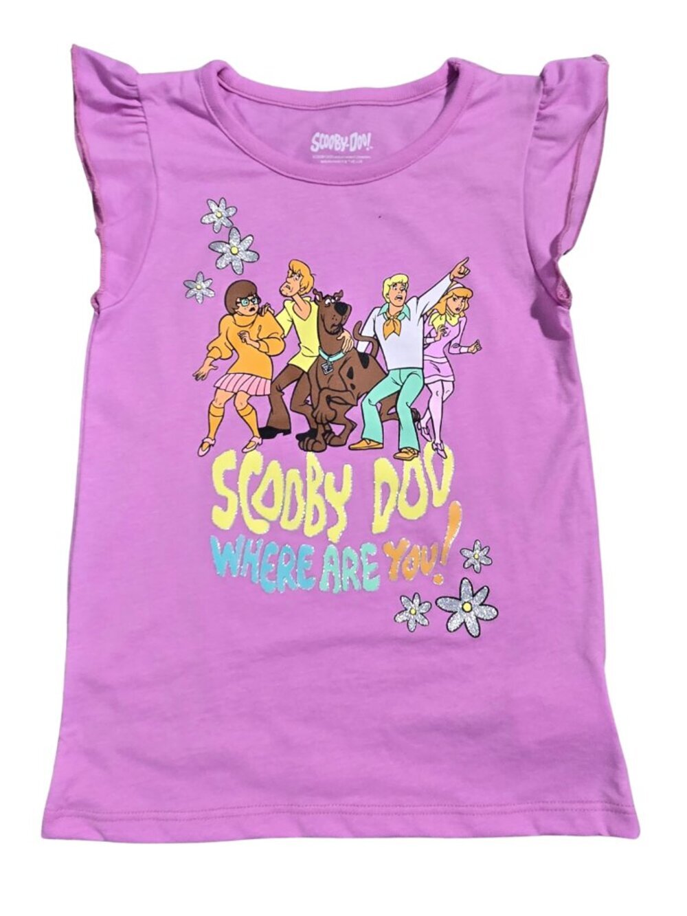 NWOT Scooby-Doo Where Are You Mystery Inc Flutter Sleeve Pink Graphic Tee Shirt
